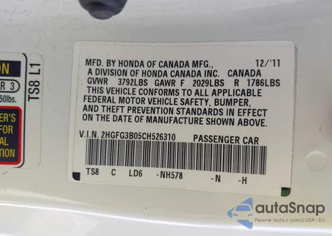2012 Honda Civic Ex-L z USA, uszkodzony, nr VIN 2HGFG3B05CH526310